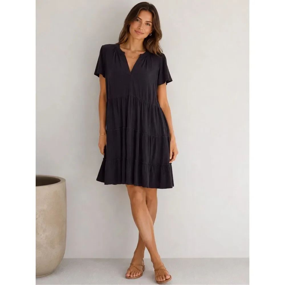 LuckyâBrand Black Tiered Babydoll Dress Rayon Blend Short Sleeve Womenâs 1X